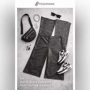 Black Faux Leather Pants — Smooth Finish wide legs size Large/XL NWOT